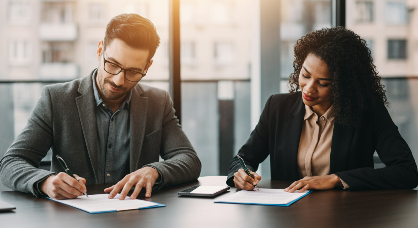 Business professionals signing documents